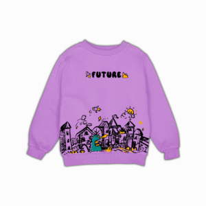 Lavender sweatshirt with Future text and playful doodle city graphic on front