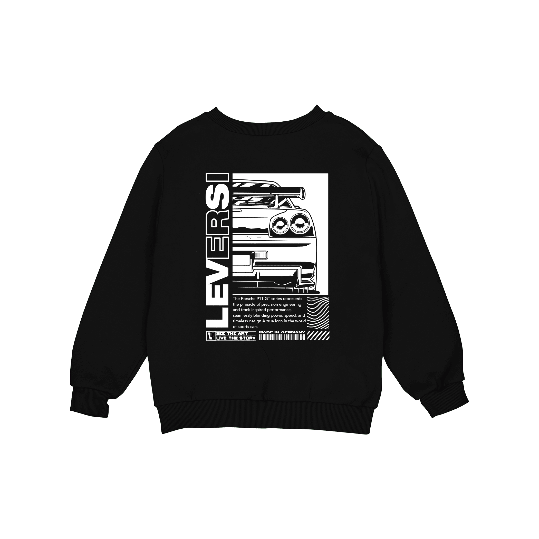 Black Leversi sweatshirt with bold rear car graphic print — flat product shot