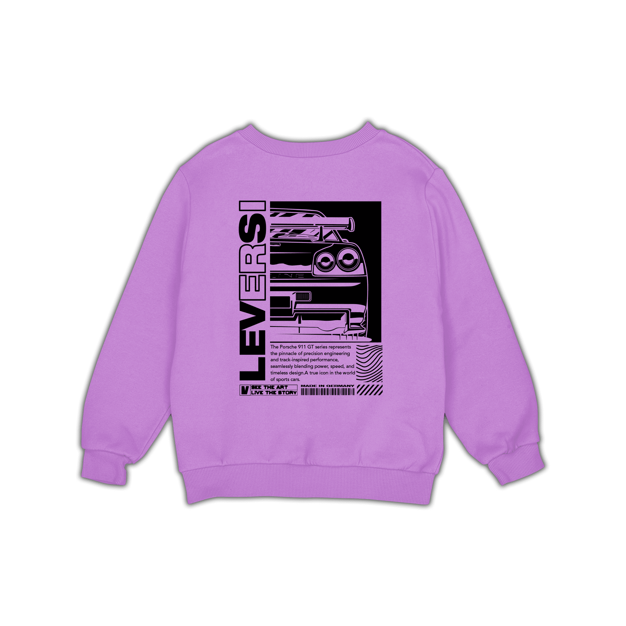 Lavender Leversi sweatshirt with bold automotive back graphic design