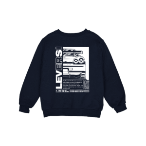 Navy Leversi sweatshirt with white automotive back graphic design