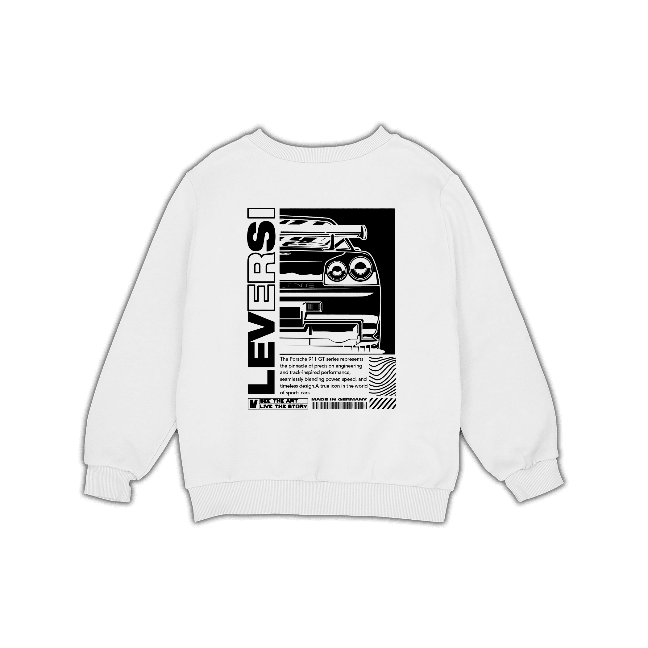 White Leversi sweatshirt with bold automotive back graphic design