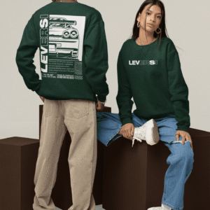 Models wearing green Leversi sweatshirts with front logo and back car graphic design