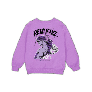 Purple oversized sweatshirt featuring a bold resilience graphic illustration on the back.