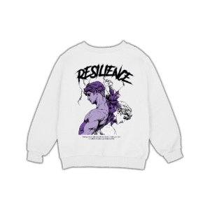 White sweatshirt with “Resilience” artwork featuring illustrated statues in purple and black