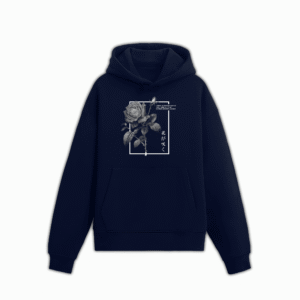 Dark navy hoodie featuring a minimalist rose graphic with Japanese text on the front, isolated on a white background.