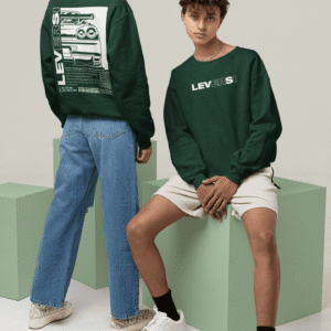 Two models wearing green Leversi sweatshirts with front logo and back automotive graphic design