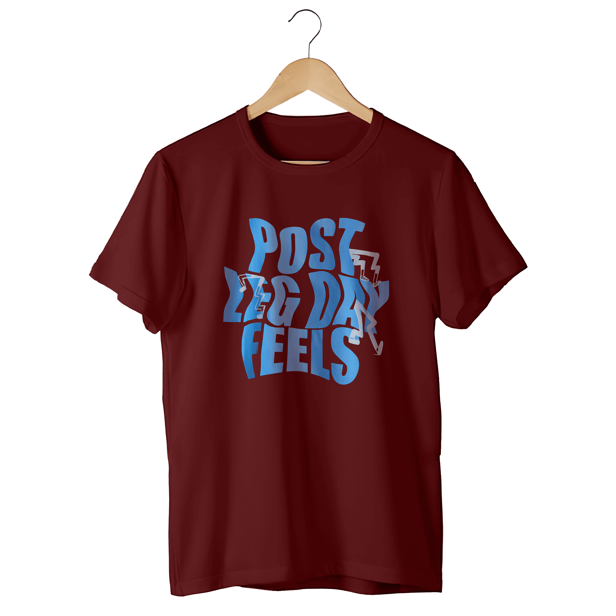 Maroon Post Leg Day Feels graphic fitness t-shirt on wooden hanger