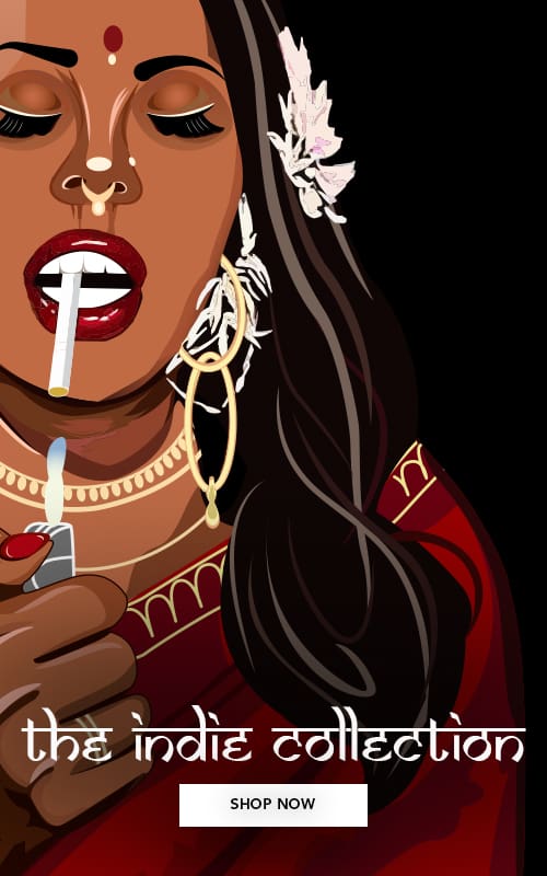 Bold illustrated woman in a saree lighting a cigarette – The Indie Collection by Leversi