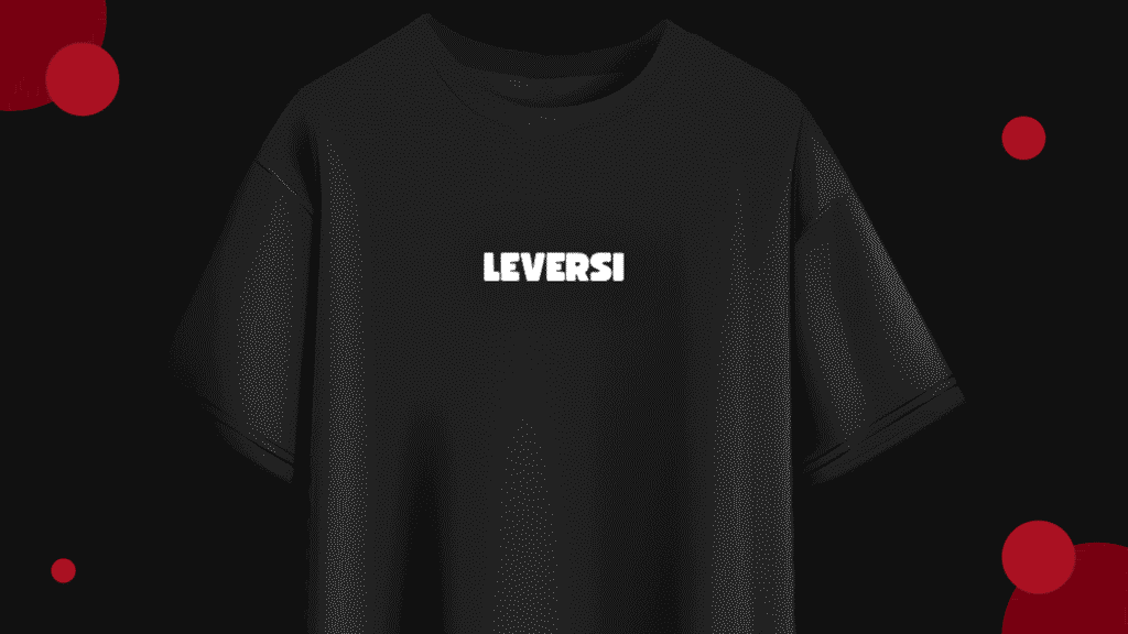 Black oversized t-shirt with the white “LEVERSI” logo displayed at the center, set against a dark background with minimal red circle accents.