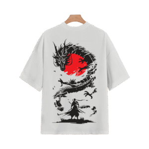 White T-shirt on a wooden hanger featuring a Japanese-style dragon and samurai graphic with a red sun background.