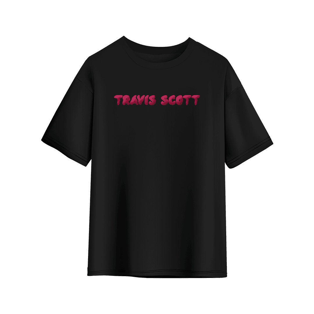 Black T-shirt with pink bubble-style “Travis Scott” text printed across the chest.