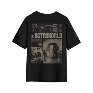 Black Astroworld graphic T-shirt with collage-style Travis Scott–inspired artwork on the back.