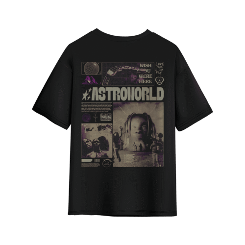 Black Astroworld graphic T-shirt with collage-style Travis Scott–inspired artwork on the back.