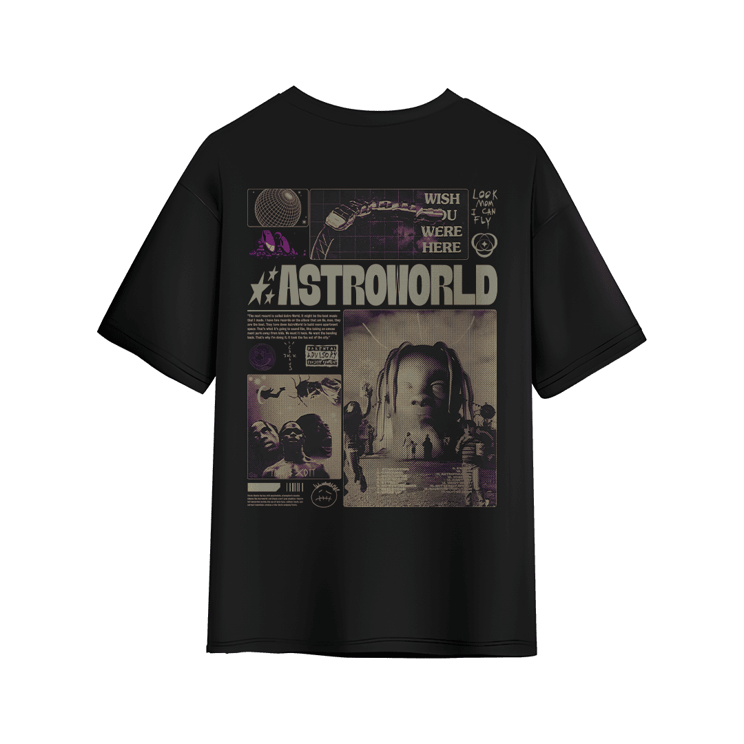 Black Astroworld graphic T-shirt with collage-style Travis Scott–inspired artwork on the back.