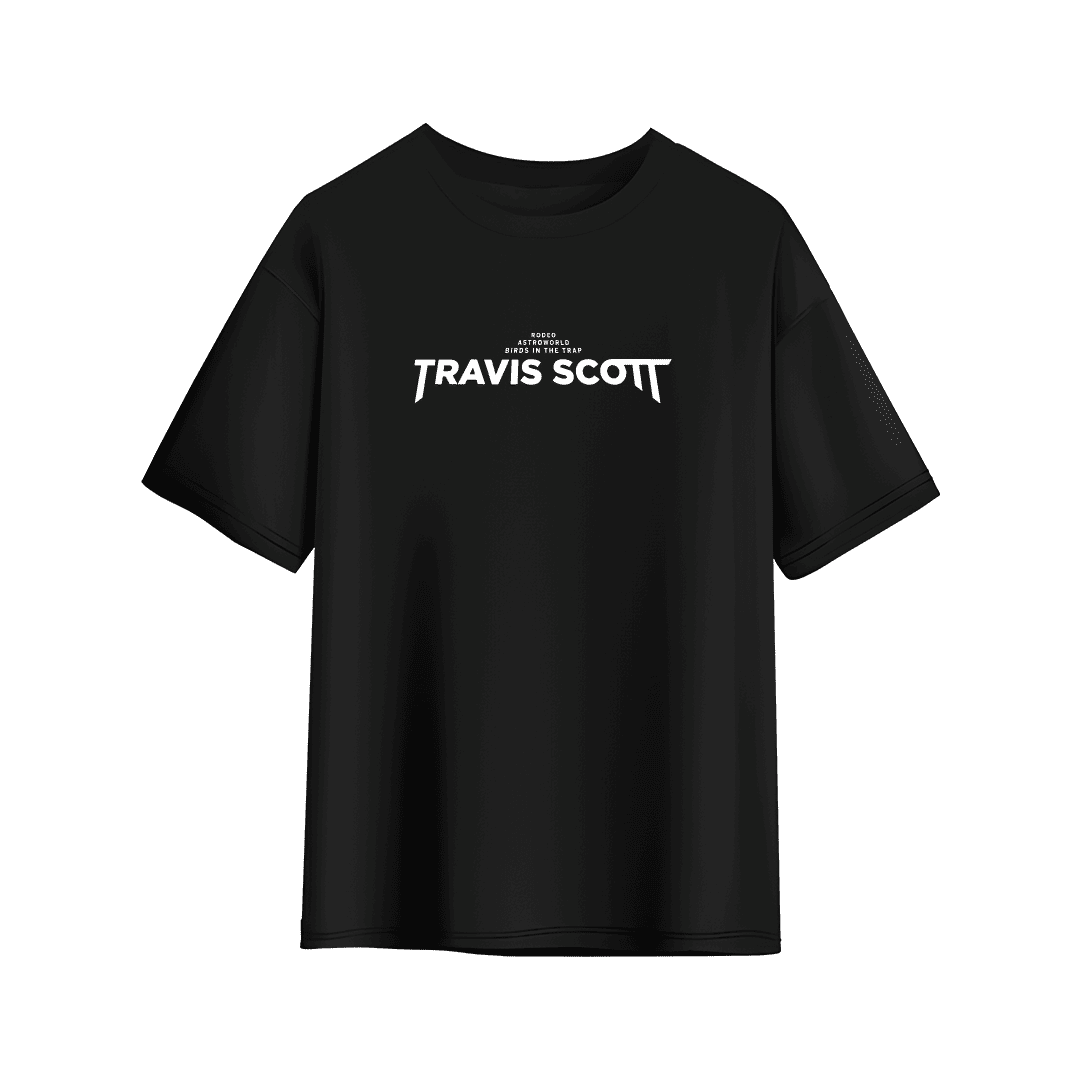 Black T-shirt with a Travis Scott–themed front text graphic in white.