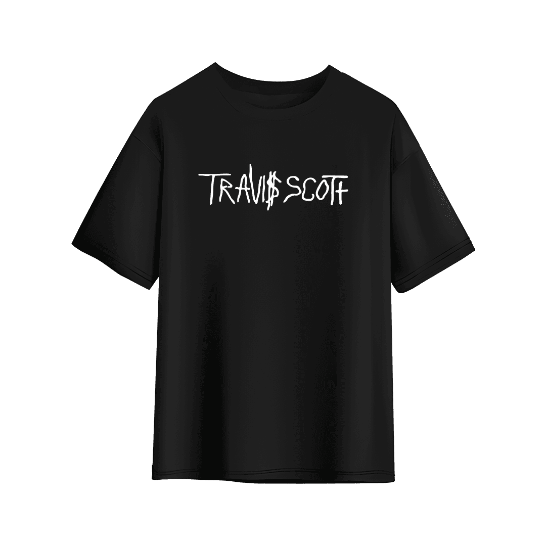 Black oversized T-shirt with a bold white handwritten-style logo on the chest that reads “TRAVI$ SCOTT.”