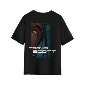 Black T-shirt featuring a Travis Scott–themed illustrated graphic on the back.