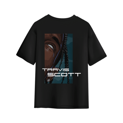 Black T-shirt featuring a Travis Scott–themed illustrated graphic on the back.