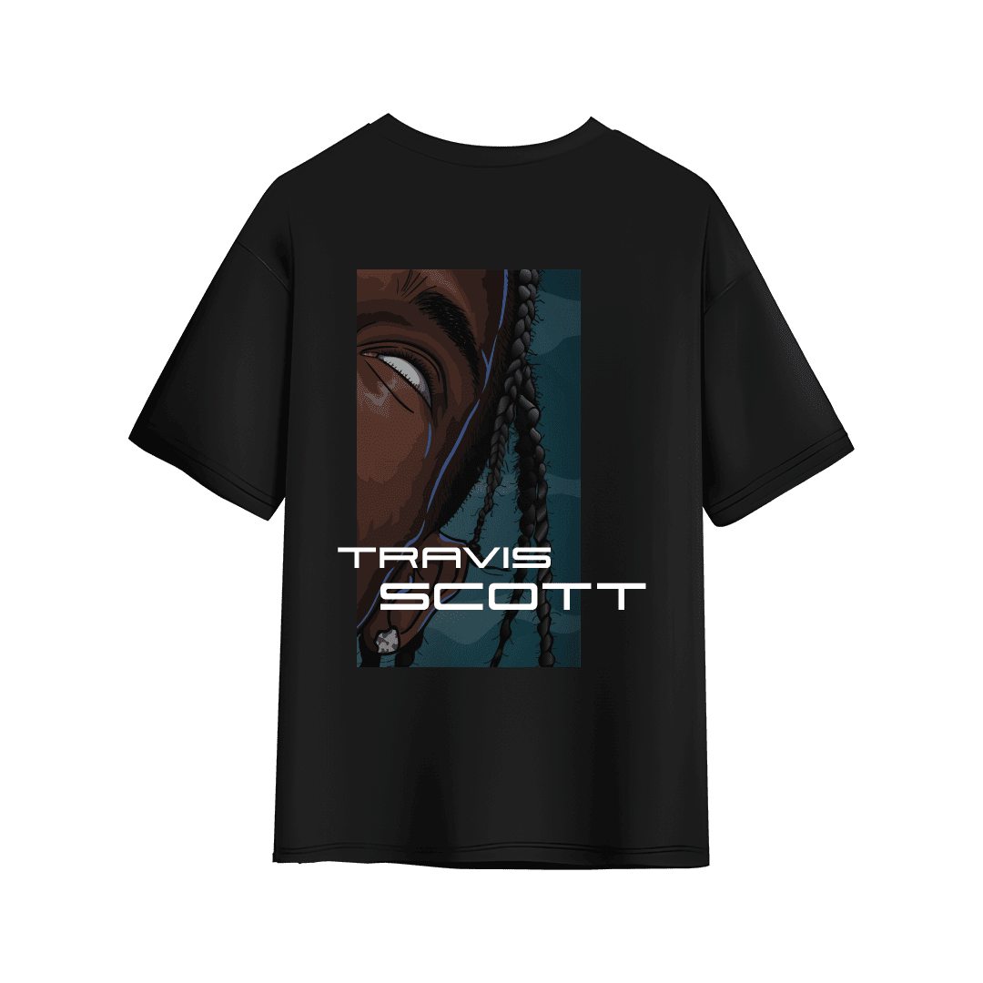 Black T-shirt featuring a Travis Scott–themed illustrated graphic on the back.