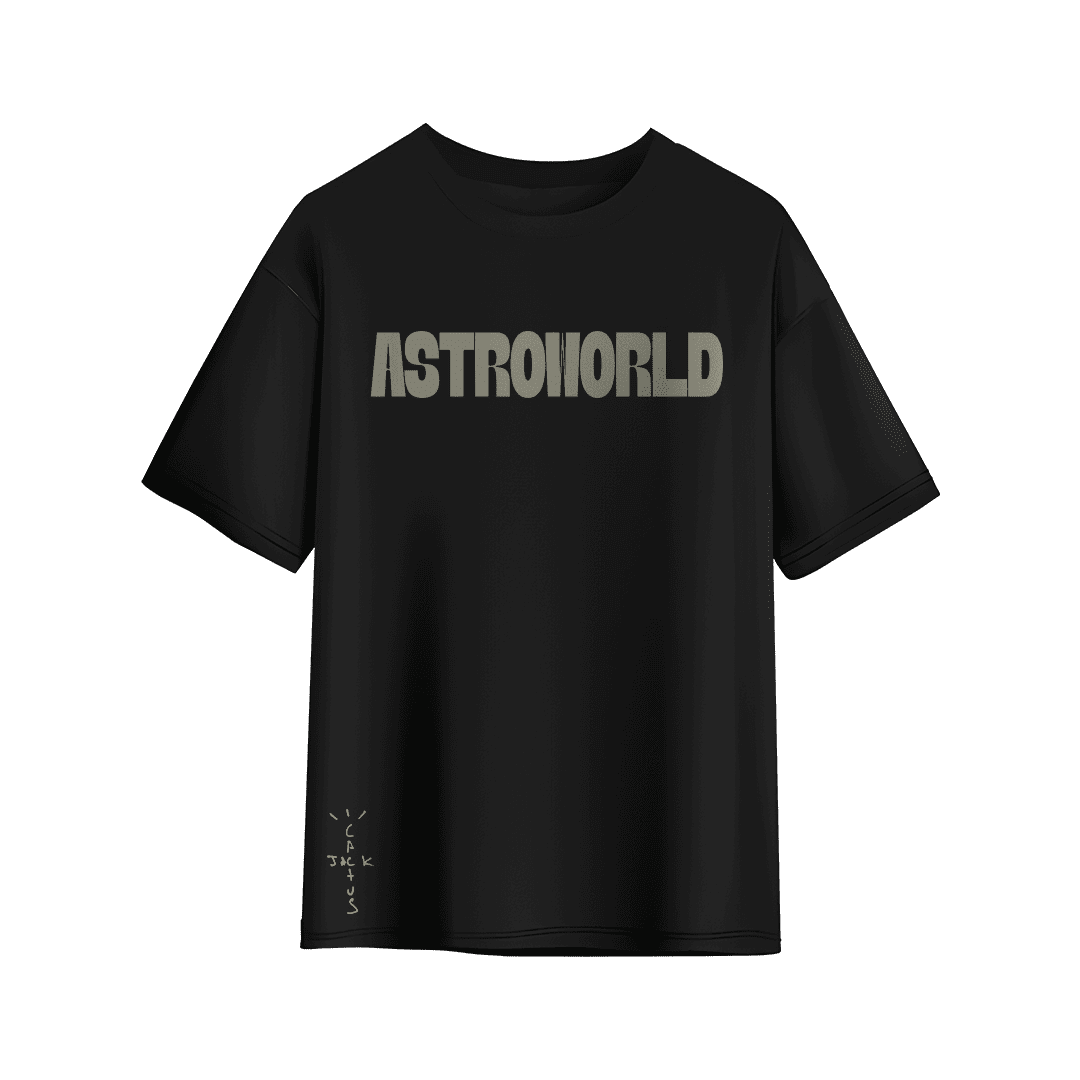 Black Astroworld T-shirt with bold front text and small Cactus Jack detailing.