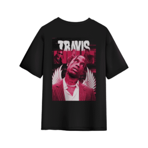 Black T-shirt with bold red collage graphic inspired by Travis Scott, featuring multiple portraits, wings, and glitch-style design.