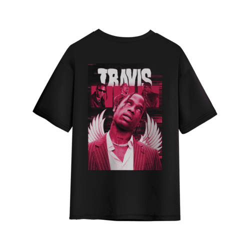 Black T-shirt with bold red collage graphic inspired by Travis Scott, featuring multiple portraits, wings, and glitch-style design.