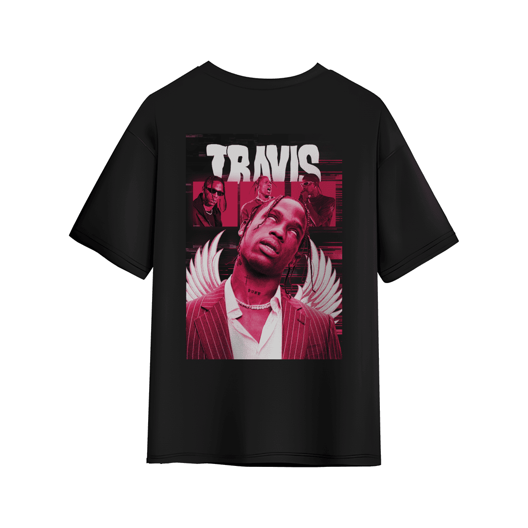 Black T-shirt with bold red collage graphic inspired by Travis Scott, featuring multiple portraits, wings, and glitch-style design.