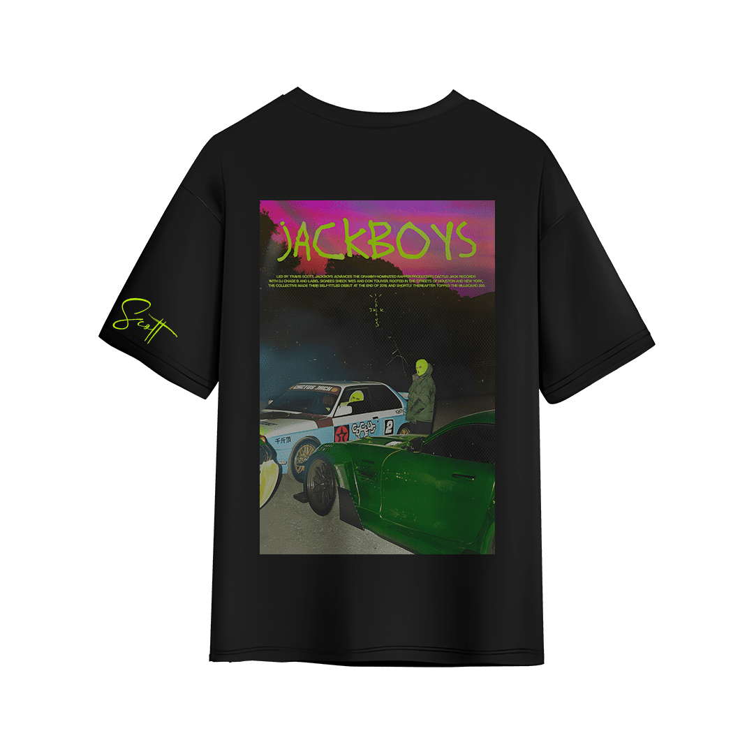 Black T-shirt featuring a large neon-themed JACKBOYS artwork on the back with racing cars and masked figures, plus a neon yellow “Scott” signature on the sleeve.