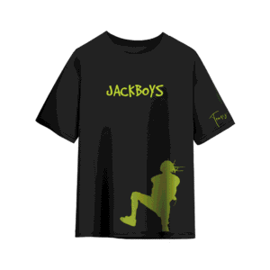 Black JACKBOYS T-shirt featuring neon green “JACKBOYS” text centered on the chest, a large green silhouette graphic near the hem, and a subtle “Travis” signature on the sleeve.