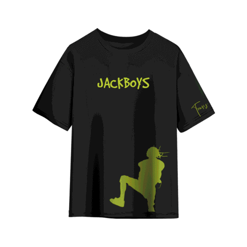 Black JACKBOYS T-shirt featuring neon green “JACKBOYS” text centered on the chest, a large green silhouette graphic near the hem, and a subtle “Travis” signature on the sleeve.