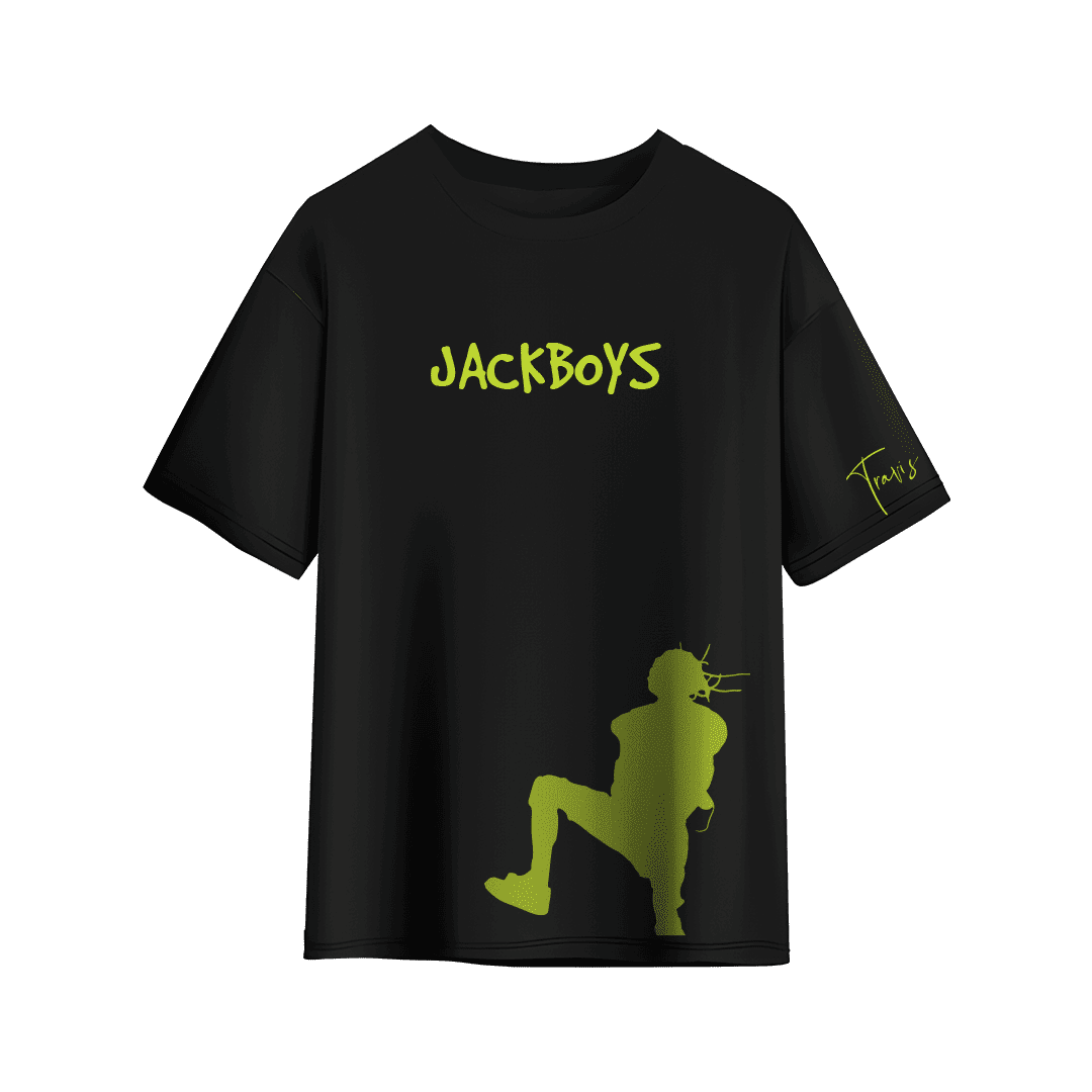 Black JACKBOYS T-shirt featuring neon green “JACKBOYS” text centered on the chest, a large green silhouette graphic near the hem, and a subtle “Travis” signature on the sleeve.