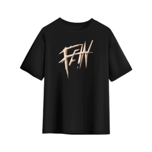 Black T-shirt with a bold, sharp-edged beige “FE!N” graphic printed across the chest in an aggressive, graffiti-inspired style.