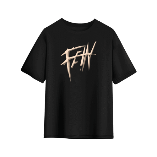 Black T-shirt with a bold, sharp-edged beige “FE!N” graphic printed across the chest in an aggressive, graffiti-inspired style.
