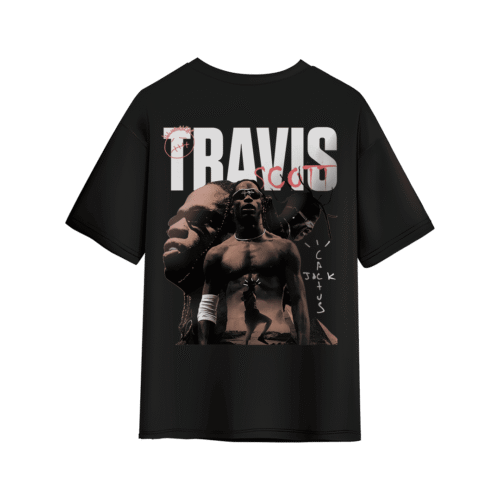 Black oversized T-shirt featuring a large Travis Scott graphic collage on the back, with bold white “TRAVIS SCOTT” text and layered images of the artist in a gritty, vintage style.