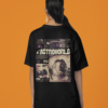 Woman wearing a black Astroworld graphic T-shirt featuring Travis Scott artwork on the back.