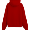 Back view of a red hoodie made from 100% cotton fleece.