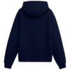 Back view of a navy blue hoodie made from 100% cotton fleece.