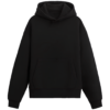 Front view of a black hoodie made from 100% cotton fleece.