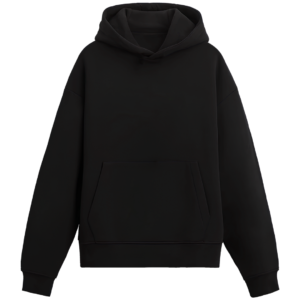Front view of a black hoodie made from 100% cotton fleece.