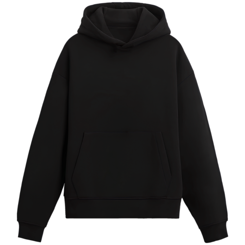 Front view of a black hoodie made from 100% cotton fleece.