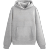 Front view of a grey hoodie made from 100% cotton fleece.