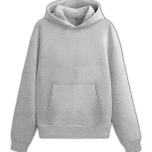 Front view of a grey hoodie made from 100% cotton fleece.