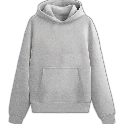 Front view of a grey hoodie made from 100% cotton fleece.