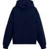 Front view of a navy blue hoodie made from 100% cotton fleece.