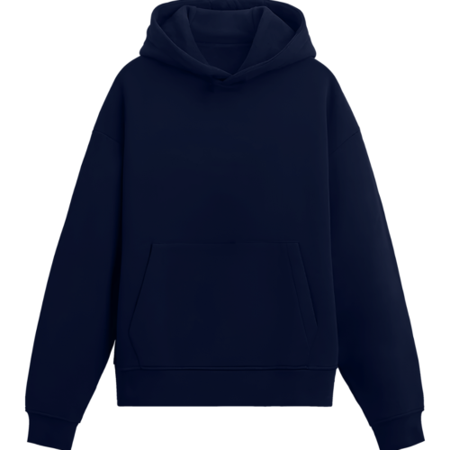 Front view of a navy blue hoodie made from 100% cotton fleece.