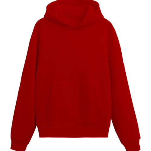 Front view of a red hoodie made from 100% cotton fleece.