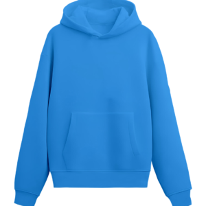 Front view of a sky-blue hoodie made from 100% cotton fleece.