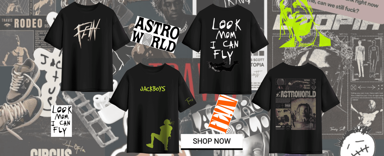 Travis Scott–inspired T-shirt collection banner featuring graphic tees, album-style artwork and collage elements