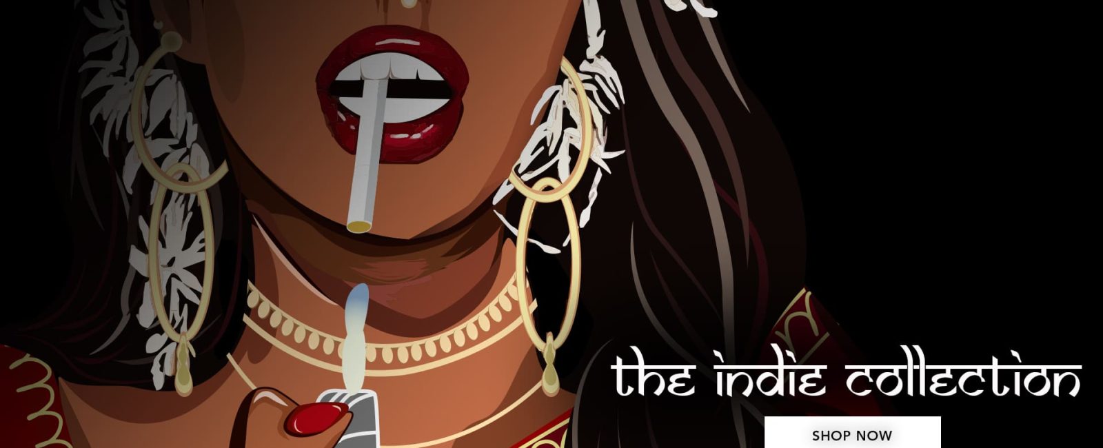 Illustrated woman in saree holding a lighter with cigarette – Leversi Indie Collection streetwear banner